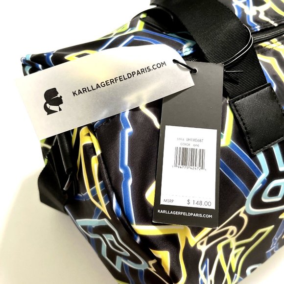 NWT Karl Lagerfeld Neon Logo Duffle Gym Bag Weekender 19" Black Travel Tote $150 - Picture 5 of 7